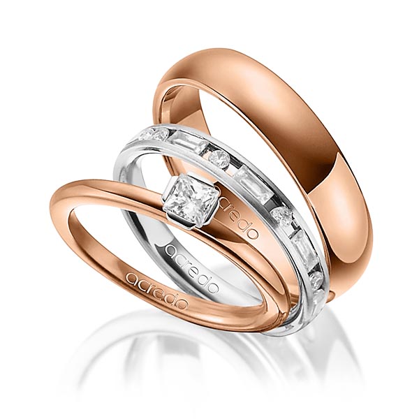 Tri-Set in Rotgold 750 Weißgold 750 mit zus. 1,015 ct. Prinzess-Diamant & Baguette-Diamant & Brillant tw, si tw, vs von acredo