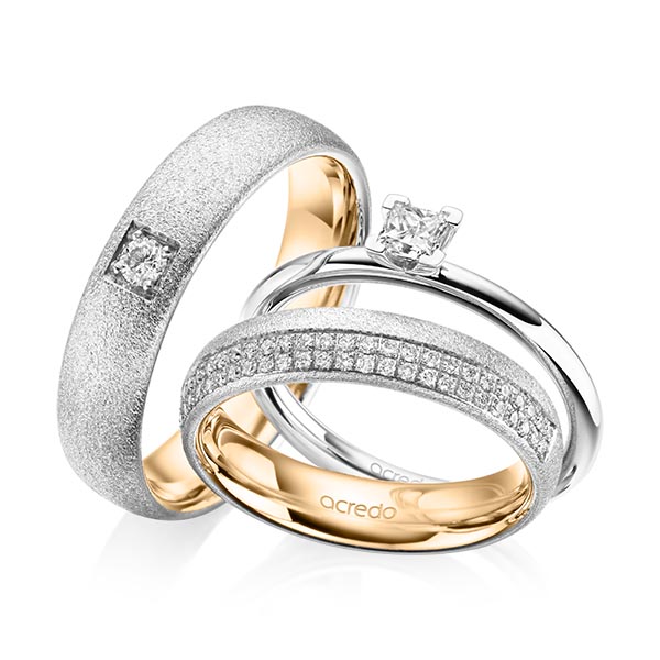 Tri-Set in witgoud 14 kt. met in totaal 0,61 ct. Princess-Diamant & Briljant tw/si van acredo Tri-Set in witgoud 14 kt. met in totaal 0,61 ct. Princess-Diamant & Briljant tw/si van acredo