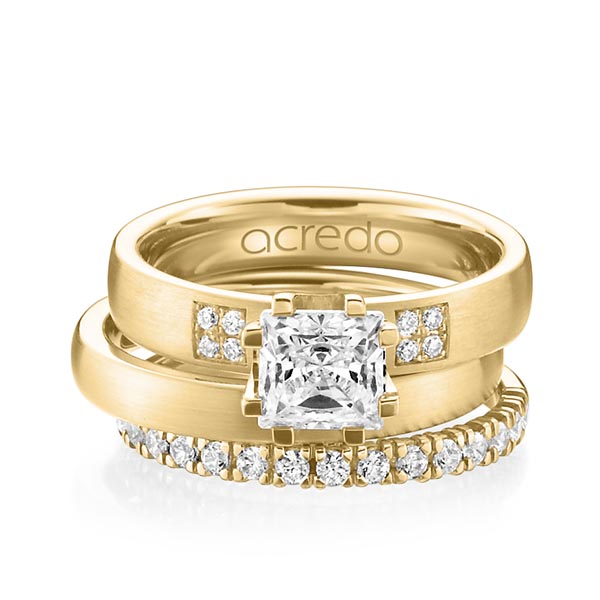 Triset in geelgoud 14 kt. met 1 ct. + in totaal 0,684 ct. Princess-Diamant & Briljant tw,vs tw/si van acredo - A-1234-3 Triset in geelgoud 14 kt. met 1 ct. + in totaal 0,684 ct. Princess-Diamant & Briljant tw,vs tw/si van acredo - A-1234-3