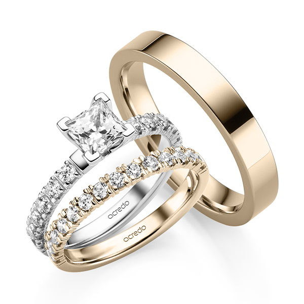 Triset in roségoud 14 kt. met 0,7 ct. + in totaal 0,9 ct. Princess-Diamant & Briljant tw,vs tw/si van acredo