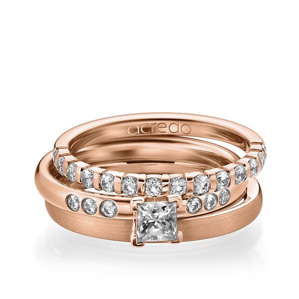Triset in Rotgold 750 halbausgefasst mit 0,4 ct. + zus. 0,42 ct. Brillant & Prinzess-Diamant tw, vs tw, si von acredo - A-1229-8 Triset in Rotgold 750 halbausgefasst mit 0,4 ct. + zus. 0,42 ct. Brillant & Prinzess-Diamant tw, vs tw, si von acredo - A-1229-8
